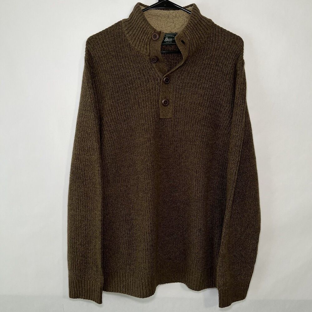 GH Bass 1/4 Button Chunky Knit Sweater Mens Size Large Beige Sherpa Lined Collar